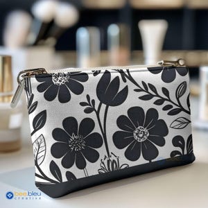 Floral Zipper Pouch, Accessory Pouch, Makeup Bag, Toiletries Organizer, Best Friend Gift, Small Zipper Travel Bag, Black and White Flowers