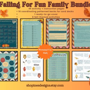 Puede incluir: Un paquete de actividades familiares con temática otoñal con el texto "Falling For Fun Family Bundle". Incluye páginas de actividades, dorsos de barajas y una cubierta lista para usar. Presenta una variedad de actividades temáticas de otoño.