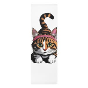 May include: A cartoon illustration of a cat with orange, brown, and white fur, wearing a pink headband. The cat has green eyes and is in a crouching position, with its tail curved upwards. The background is white.