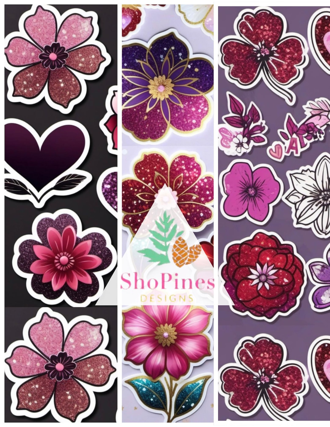 Glitter Flower & Love Heart Sticker Bundle (digital Download) - Etsy