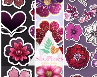 Paquete de pegatinas de corazones y flores de amor/imprimible/descarga digital/regalo instantáneo/regalo para artesanos, amantes de los scrapbookers/amantes de las pegatinas/flores con purpurina