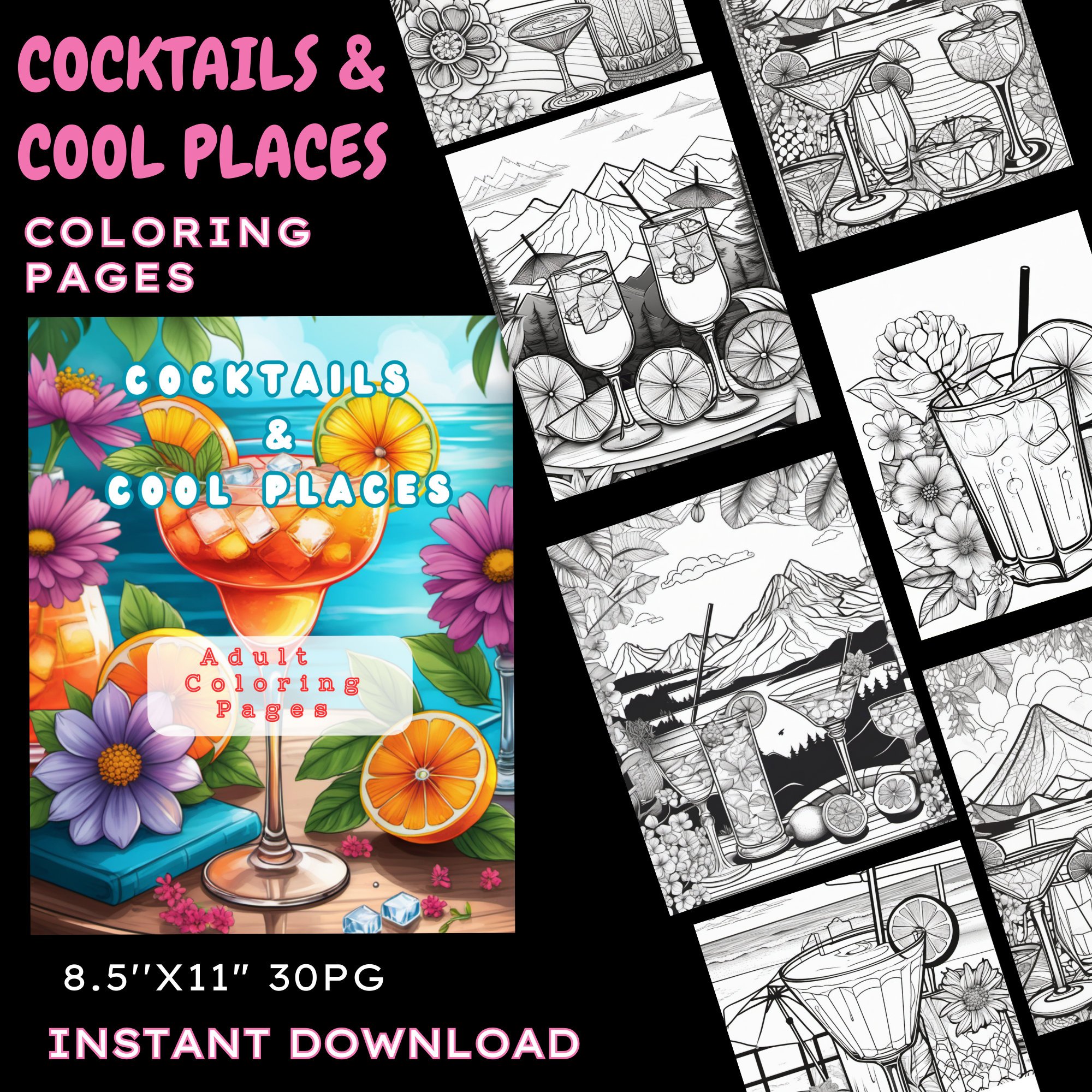 Páginas para colorear para adultos sobre cócteles y lugares geniales/ Disfruta de cócteles sin cócteles o tómate cócteles en cócteles/ Descarga instantánea/ Regalos