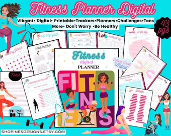 May include: A digital fitness planner with 43 pages. The planner features a colorful design with the word "Fitness" in large letters. The planner includes trackers for habits, workouts, measurements, and more. The planner is designed to help people stay motivated and on track with their fitness goals.