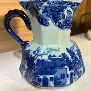 Antique Victoria Ware Ironstone Pitcher, Vase, featuring blue and white transferware prints. Made in Staffordshire, England. W.W.R. & Co.