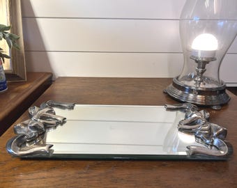 Vintage Godinger Silver-Plated Mirrored Vanity Tray with Bow Handles