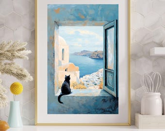 Black Cat Window View Art Print: Cozy Feline Poster Digital Download