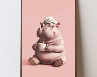 Funny Hippo Tea Print | Whimsical Bathroom Wall Art (Digital Download)