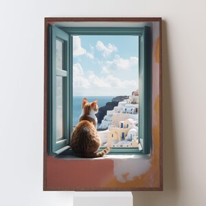 May include: A brown and white cat sits on a windowsill looking out at a view of a white town with blue accents, a blue sea, and a cloudy sky.