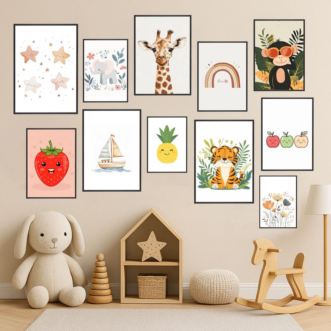 Printable Nursery Wall Art Set – Cute Animal & Fruit Kids Room Decor ...