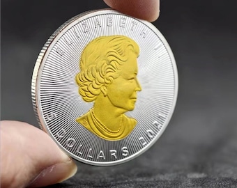 Réplica de la moneda Hoja de Arce de Canadá bañada en plata y oro - Detalle dorado, Reina Isabel II