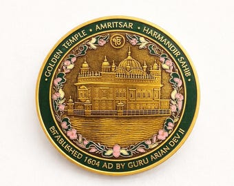 Moneda del Imperio Sikh - Pesada y elegante - Moneda del Templo Dorado - 50 mm - Caja de regalo de terciopelo - Coleccionable premium