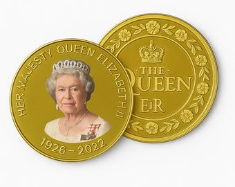 Moneda conmemorativa bañada en oro de la Reina Isabel II – 40 mm – ¡Bolsa de terciopelo incluida!