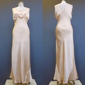 Antique Vintage 20s/30s Her Majesty Peachy Pink Bias Cut Satin Silk Lace Slip Dress -  Gown size Medium