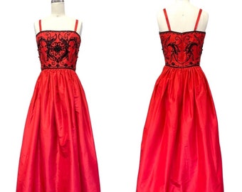 Vtg 50s Kanes Richilene NY Red Silk Taffeta Beaded Bodice Gown Dress sz 2/4 S