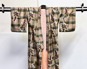 Vintage Japanese MCM Check Floral Pattern Silk Kimono O/S