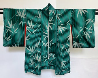 革帯青いトンボ柄 Vintage Japanese 80s Teal Black Stripe Bamboo Pattern Silk
