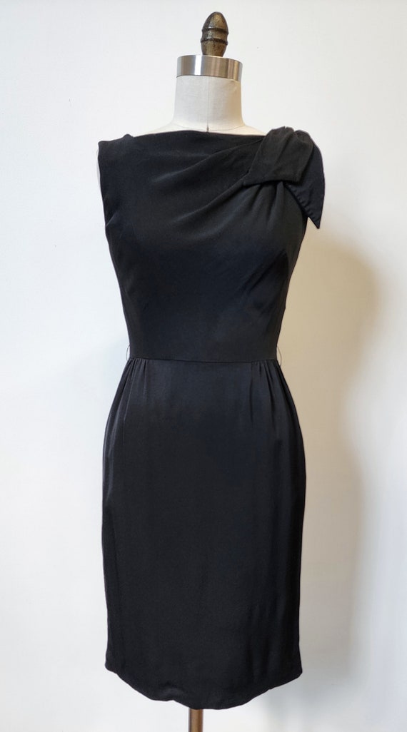 Vintage 1950s Black Shoulder Bow Dress - size S