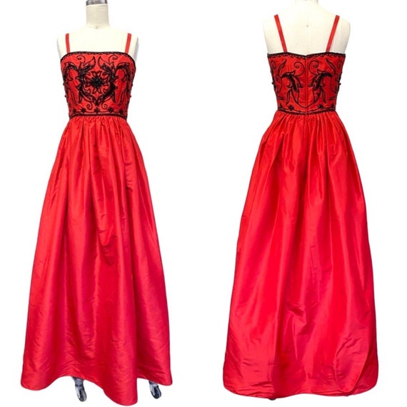 Vtg 50s Kanes Richilene NY Red Silk Taffeta Beade… - image 1