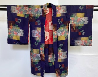 Vintage Japanese Abstract Foliat Floral Pattern Rayon Silk Haori Kimono O/S