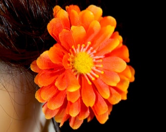Orange Satin Flower Hair Clip with Rhinestone Fringe Orange Rhinestone Flower Hair Claw Clip, Sparkly Y2K Floral  main image 2