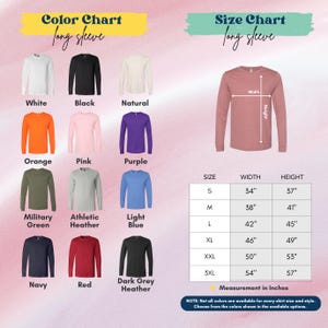a color chart and a size chart for long sleeves, providing a visual guide for selecting the appropriate size based on the color of the shirt.