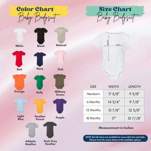The image is a color chart and size chart for baby bodysuits, displaying various color options and corresponding measurements for different age groups.