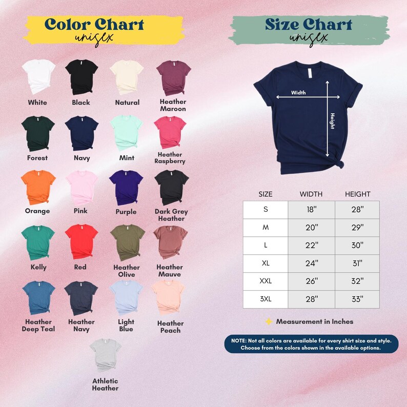 The image is a color chart and size chart for a variety of t-shirt designs, including different colors and sizes. The chart provides color options and corresponding measurements for each design, as well as a size chart with measurements for each size.