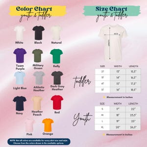 The image is a color chart and size chart for youth and toddler clothing, displaying various shirt colors and corresponding measurements for different age groups.