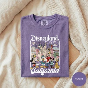 A purple t-shirt with a graphic design of Disney characters and the text "Disneyland Est. 1955 California" printed on it.