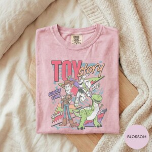 A pink t-shirt with a graphic design featuring characters from the Toy Story movie, including Woody and Buzz Lightyear, along with the text "TOY STORY SINCE 1995" and "Woody & Buzz".