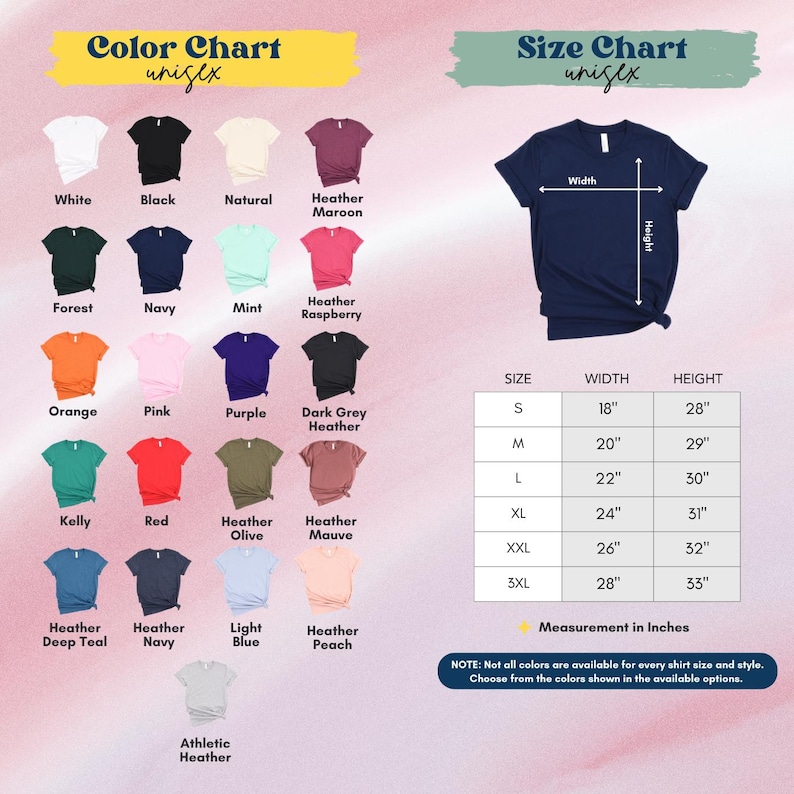 The image is a color chart and size chart for a variety of t-shirt designs, including different colors and sizes. The chart provides color options and corresponding measurements for each design, as well as a size chart with measurements for each size.