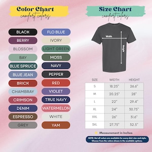 The image is a color chart and size chart for a t-shirt, providing a visual representation of different color options and corresponding measurements.