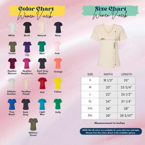 The image is a color chart for women's v necks, displaying various color options and corresponding measurements for each color.