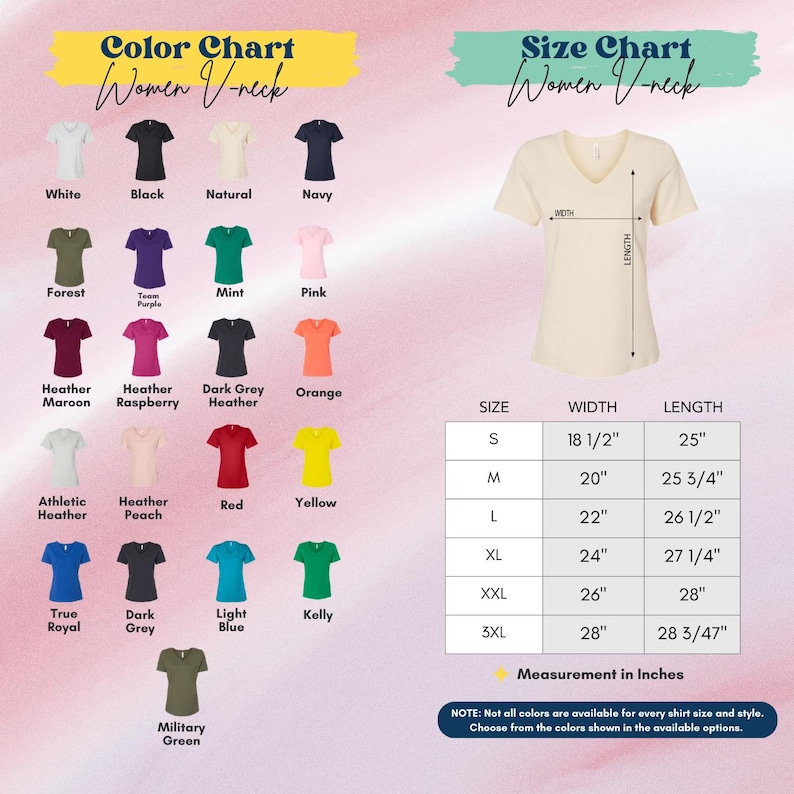 The image is a color chart for women's v necks, displaying various color options and corresponding measurements for each color.