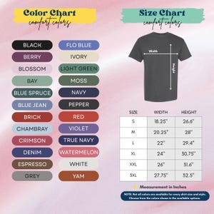The image is a color chart and size chart for a t-shirt, providing a visual representation of different color options and corresponding measurements.