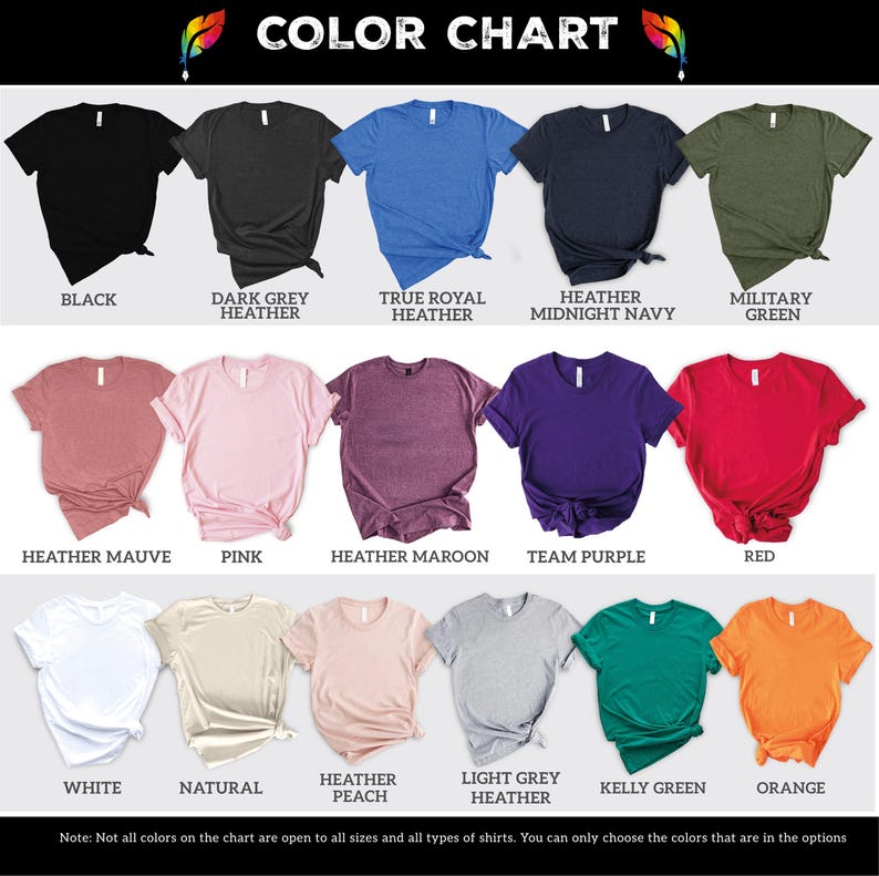 a color chart with various t-shirt colors and their corresponding descriptions, allowing the viewer to choose the colors that are in the options.