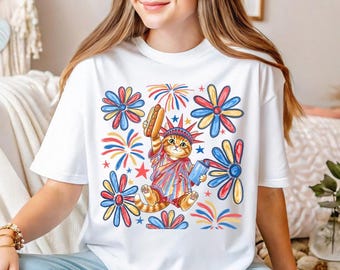 Chemise chat patriotique, chemise florale 4 juillet, t-shirt 4 juillet, chemise jour de l'indépendance, t-shirt feux d'artifice commémoratif, t-shirt patriotique amoureux des chats des États-Unis