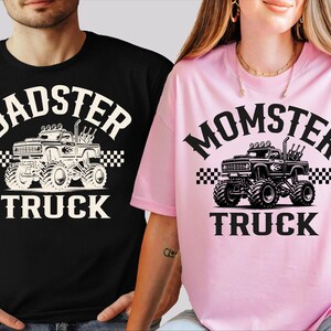 two people wearing t-shirts with the same design, which includes a truck and the text "DADSTER TRUCK" and "MOMSTER TRUCK".