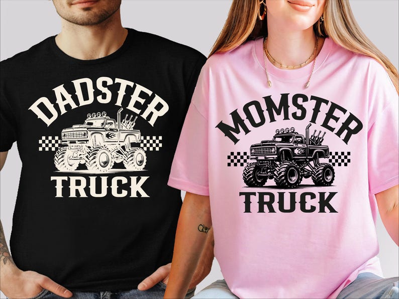 two people wearing t-shirts with the same design, which includes a truck and the text "DADSTER TRUCK" and "MOMSTER TRUCK".