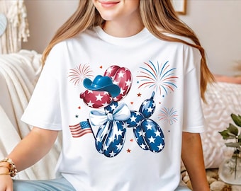Maglietta con palloncino a forma di cane per il 4 luglio, maglietta per il 4 luglio, maglietta per il Giorno dell'Indipendenza, maglietta per il Giorno della Memoria, maglietta con bandiera patriottica degli Stati Uniti, maglietta americana