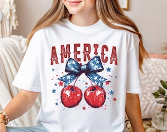 Camiseta americana Cherry 4 de julho, camiseta americana Cherry, camiseta patriótica Cherry, camiseta Memorial Day, camiseta do Dia da Independência, camiseta Cherry Lover