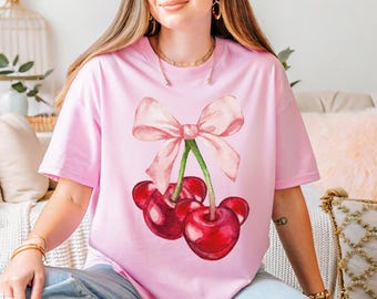 Cherry Bow T-shirt, Coquette Bow Cherry Shirt, Ribbon Cherry Sweater, Pink Bow Cherry Sweatshirt, Gift For Cherry Lover, Cherry Shirt
