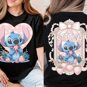 a woman wearing a t - shirt with a picture of stitch on it