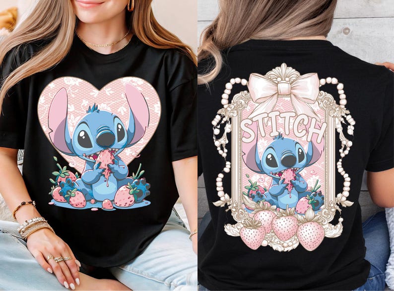 a woman wearing a t - shirt with a picture of stitch on it