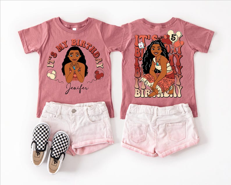 May include: Two matching mauve t-shirts featuring a cartoon character graphic and the text "It's My Birthday". They are styled with white shorts and black and white checkered trainers. One shirt has the name "Jenifer".