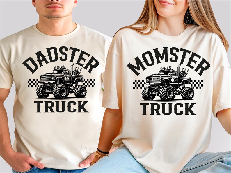 two people wearing matching t-shirts with a graphic design of a monster truck.