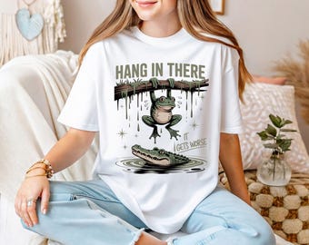 Funny Frog Shirt, Hang In There With Crocodile Tee, Humorous Crocodile Shirt, Frog Resilence Tee, Animal Lover Shirt, Whimsical Frog Shirt