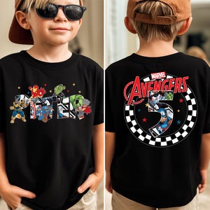 May include: Black t-shirt featuring the name "PETER" in a colorful, comic-style font with Marvel Avengers characters. The back of the shirt displays the Marvel Avengers logo, the number 5, and a checkered border.