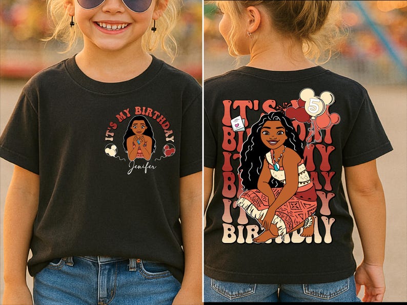 May include: Black t-shirt with a cartoon character graphic and the text "IT'S MY BIRTHDAY" on the front and back. The back of the shirt also features the number "5" on a balloon.