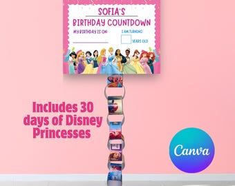 Geburtstags-Countdown-Kette + Geburtstagsschild – 30-Tage-Prinzessin – Canva Template